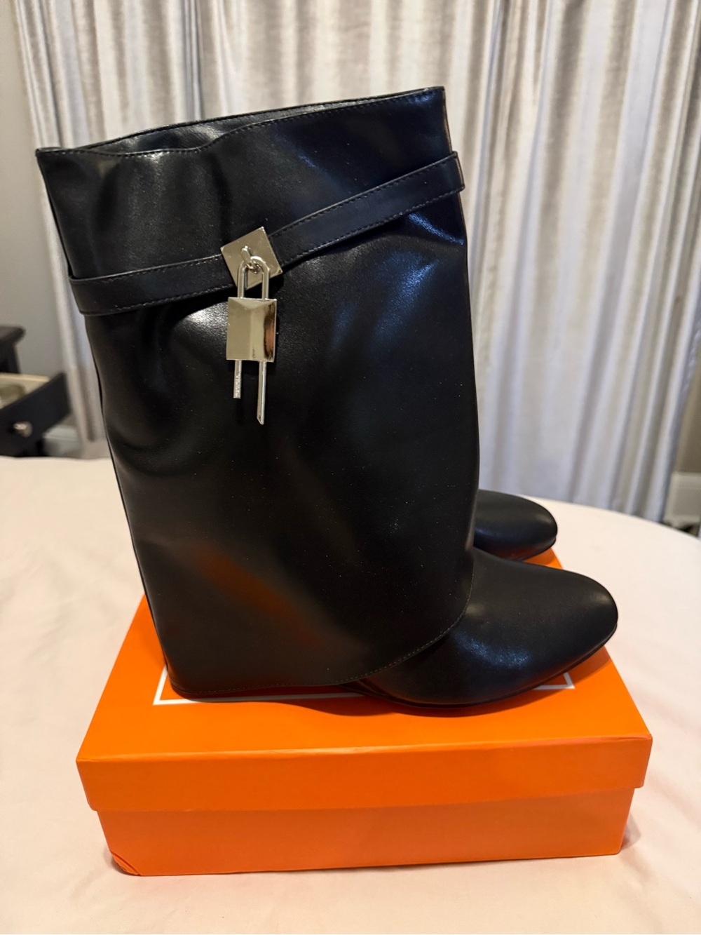 Foldover Booties Black Women's Mid-Calf with Silver Lock Accent new size 12